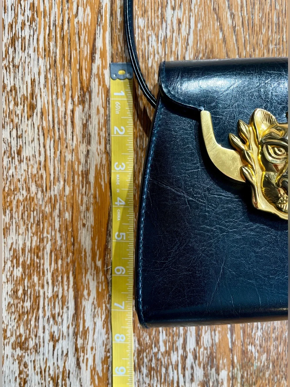 Vintage Sasha 1996 Black Leather Gold Panther Jaguar Crossbody Bag